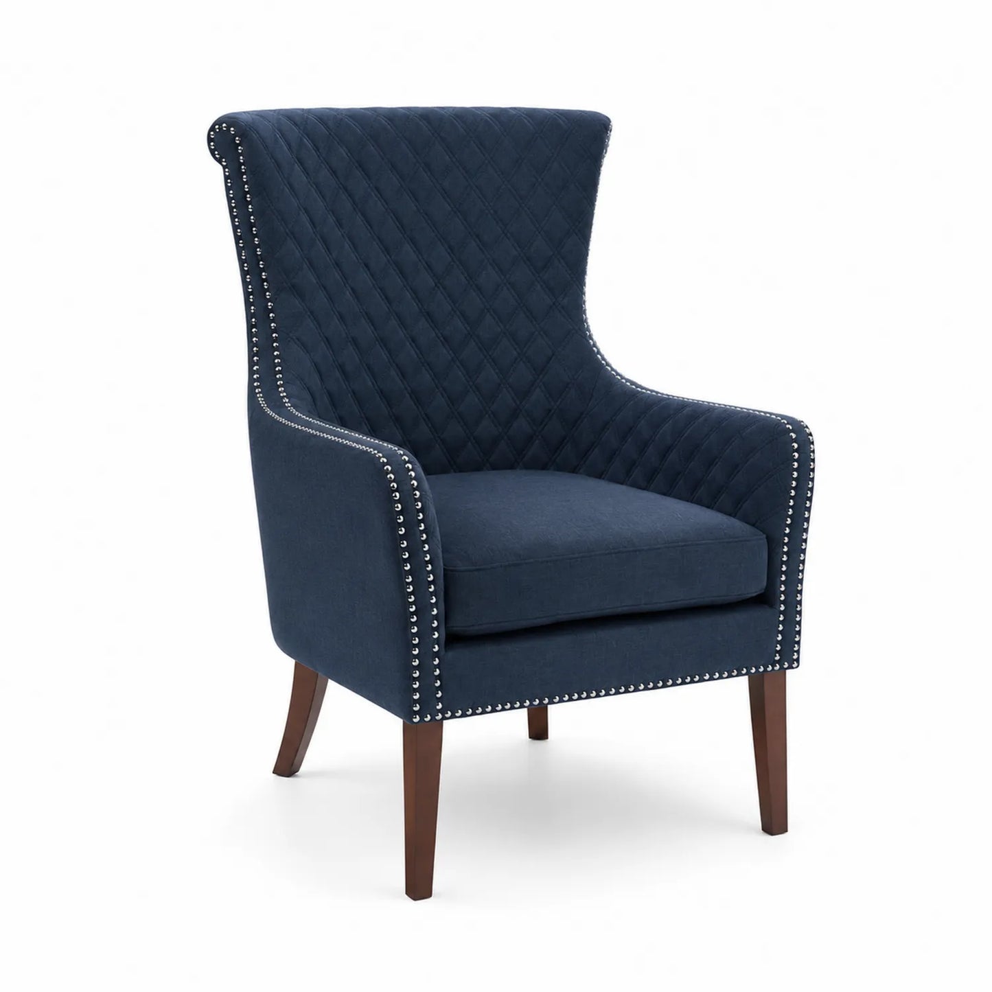 Silla de madera con tapizado azul y tachuelas